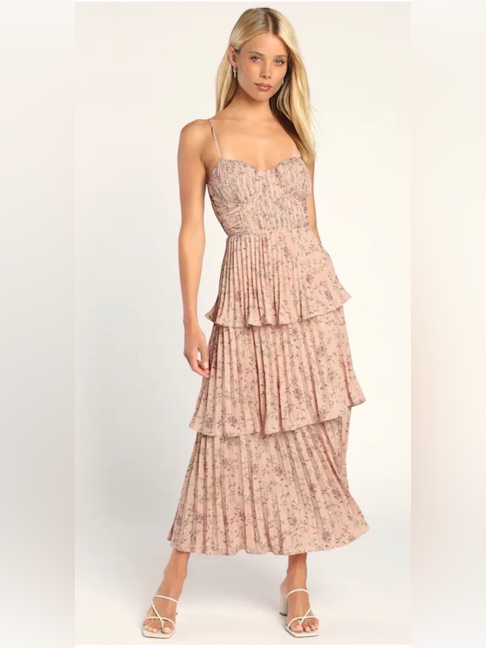 NWT Lulus Cascading Crush Pink Floral Print Tiered Bustier Midi Dress